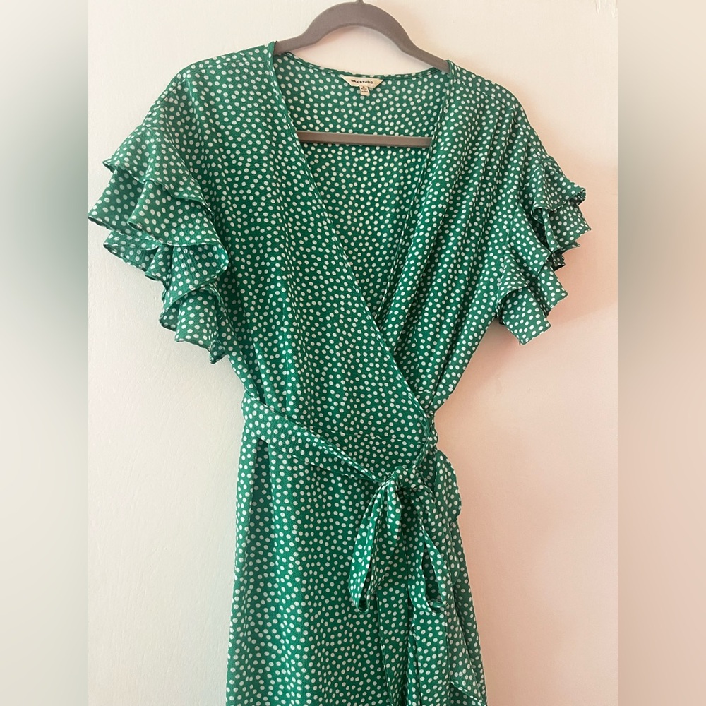 Max Studio green polka dot ruffle wrap dress - S